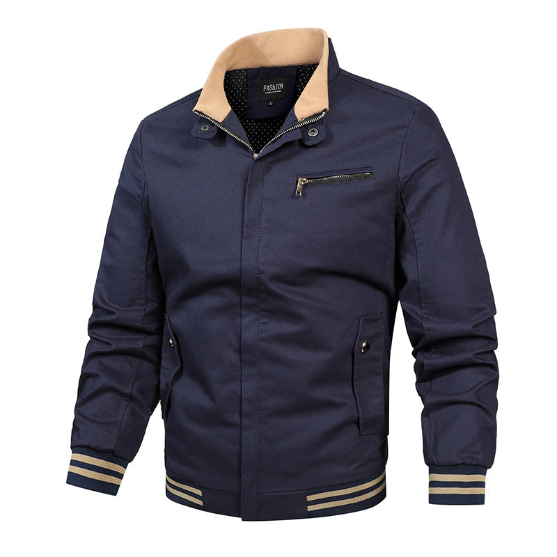 Herren nan moderne Canvas-Bomberjacke im Varsity-Stil mit gestreiften Rippbündchen und verdeckter Frontleiste Drune