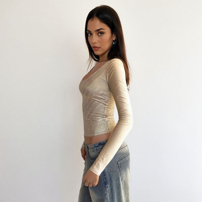 Damen schimmerndes Langarmshirt mit elegantem Rundhalsausschnitt und figurbetontem Schnitt Drune