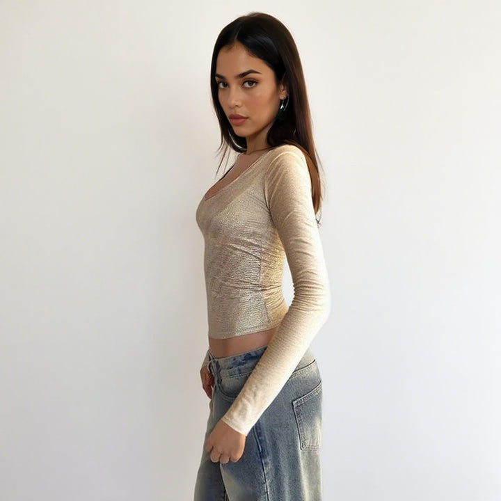 Damen schimmerndes Langarmshirt mit elegantem Rundhalsausschnitt und figurbetontem Schnitt Drune