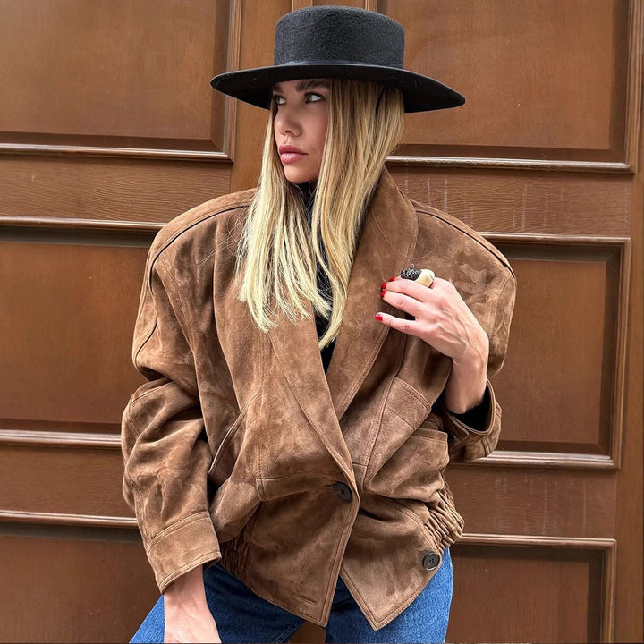 Damen Oversize Wildlederjacke mit modernem Schnitt und praktischen Taschen Drune