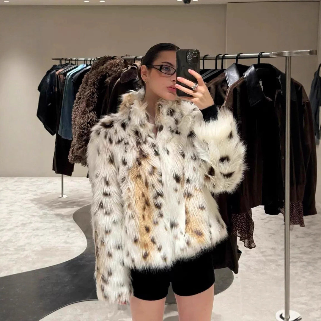 Damen Flauschige Leopardenmuster Kunstpelzjacke Drune