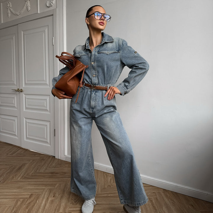 Damen Denim-Jumpsuit mit weitem Bein und modischem Kragen Drune