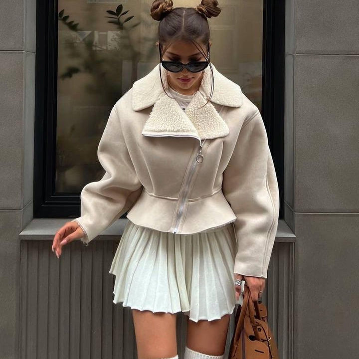 Damen trendige Kurzjacke mit flauschigem Innenfutter und Reißverschluss Drune