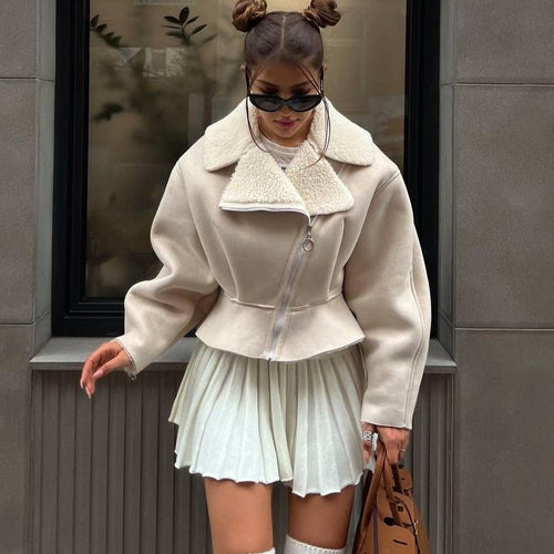 Damen trendige Kurzjacke mit flauschigem Innenfutter und Reißverschluss Drune