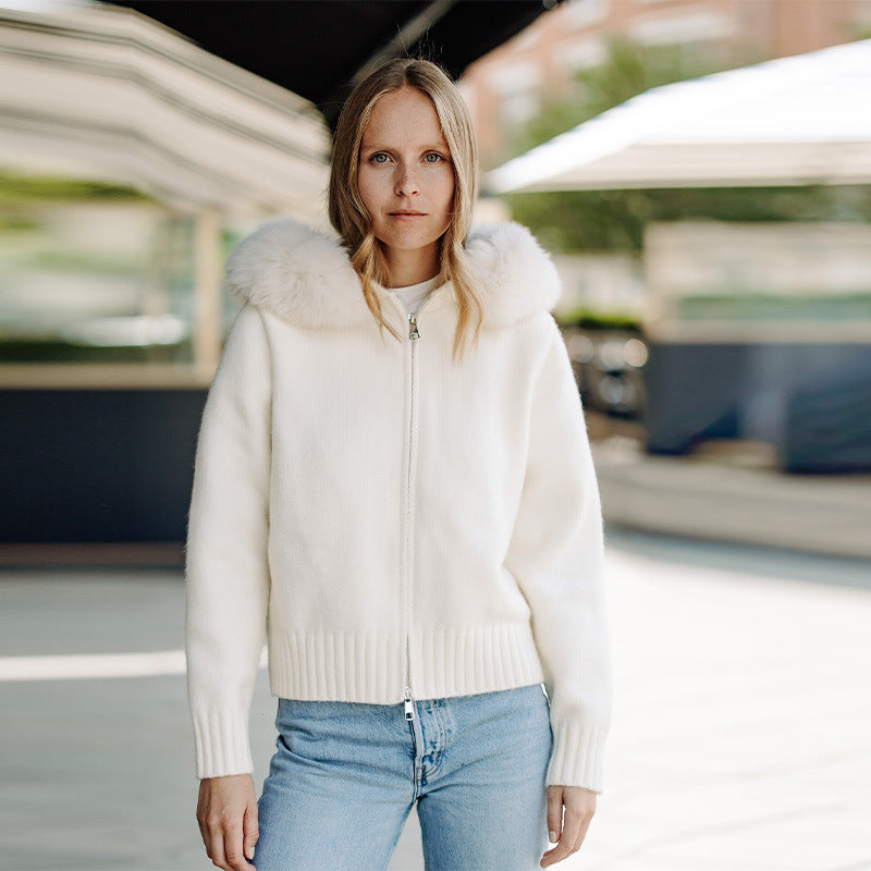Damen Kuschelige Strickjacke mit Fellkragen Drune