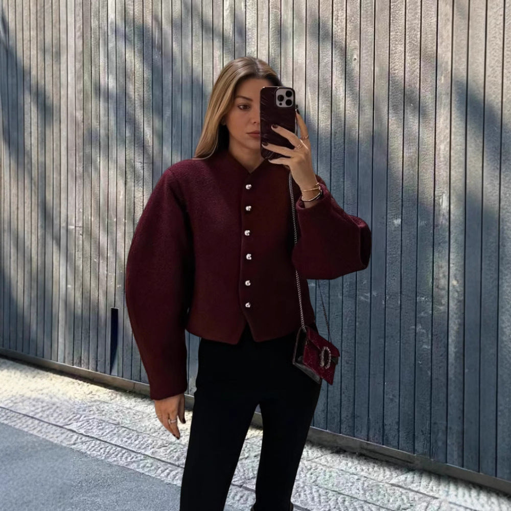 Damen elegante Kurzjacke mit stilvollen Knöpfen und voluminösen Ärmeln Drune