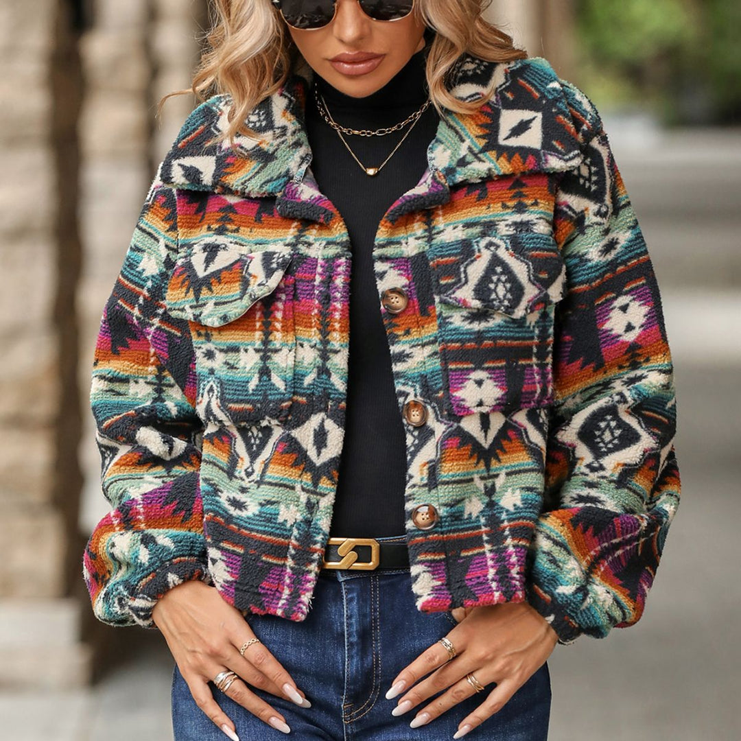 Damen Kuschelige Jacke im Boho-Stil mit buntem Muster Drune