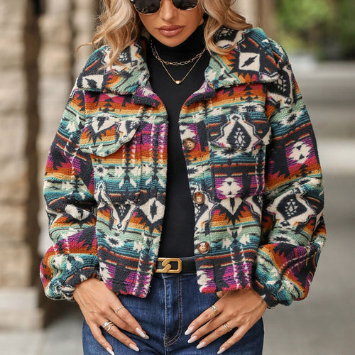 Damen Kuschelige Jacke im Boho-Stil mit buntem Muster Drune