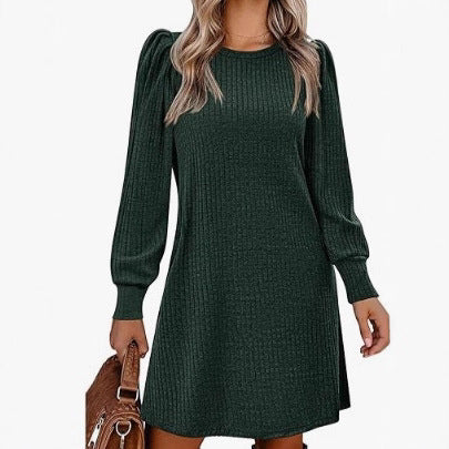 Damen Pullover-Kleid mit lässigem Rippstrick und eleganten Puffärmeln Drune