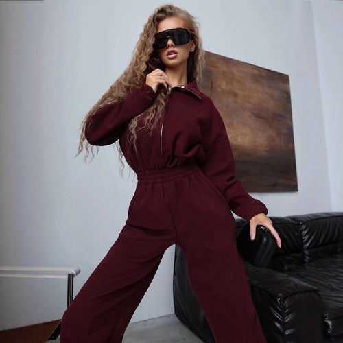 Damen Fleece-Loungewear-Overall mit hohem Kragen Drune