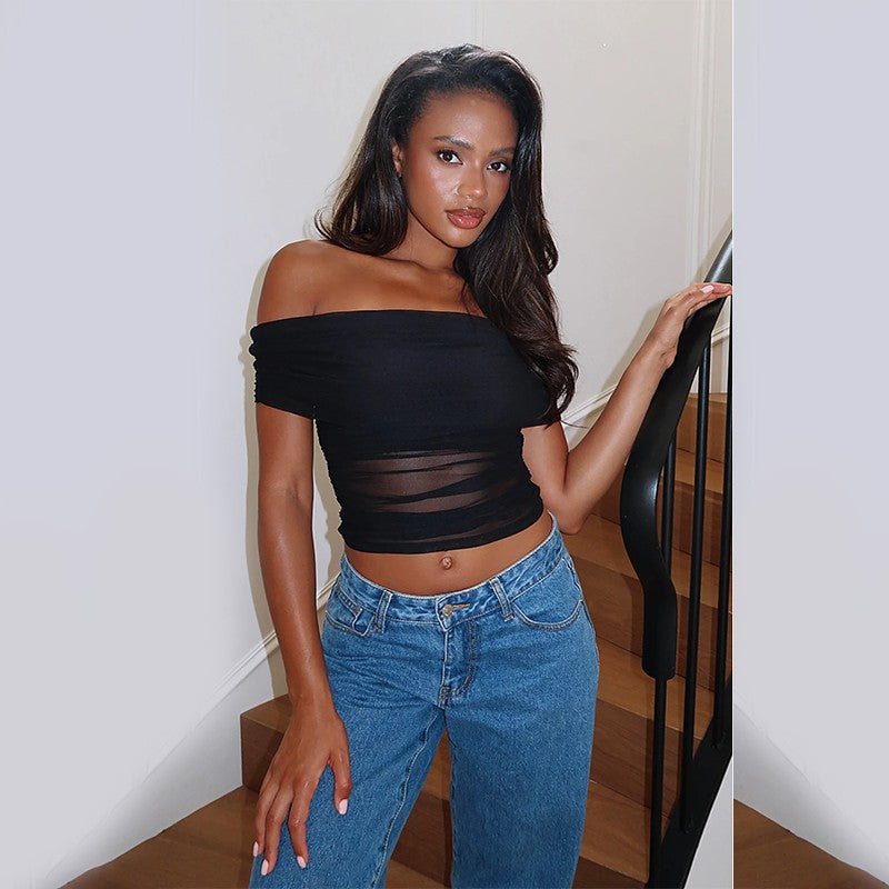 Damen Off-Shoulder Crop-Top mit Raffungen Drune