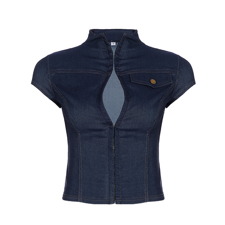 Damen Kurzarm Jeanshemd mit stilvollem Stehkragen und praktischen Taschen Drune