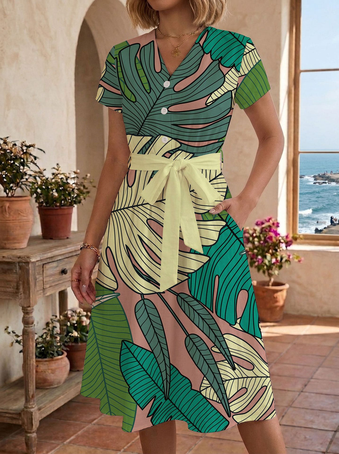 Damen lässiges Maxikleid mit taillierbarem Knoten und dekorativem Karomuster Drune