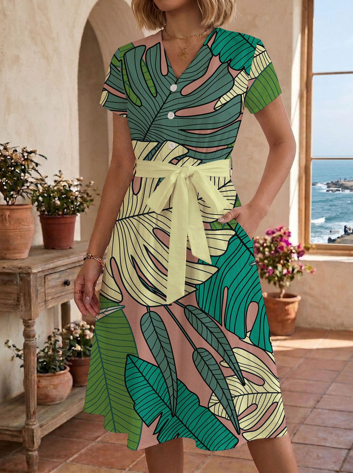 Damen lässiges Maxikleid mit taillierbarem Knoten und dekorativem Karomuster Drune