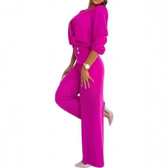 Damen eleganter Jumpsuit mit Wickeloberteil und hochtaillierten Beinen Drune