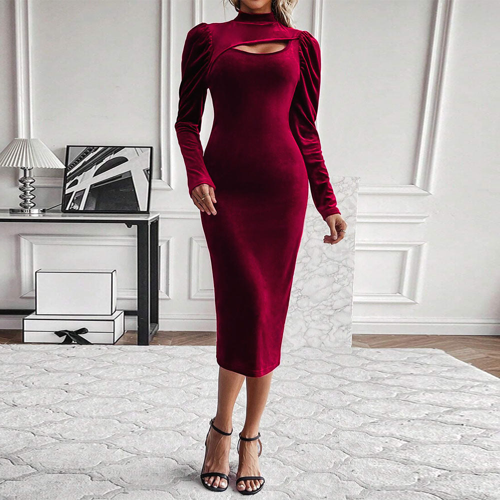 Damen figurbetontes Samt-Midikleid mit asymmetrischem Ausschnitt und Puffärmeln Drune