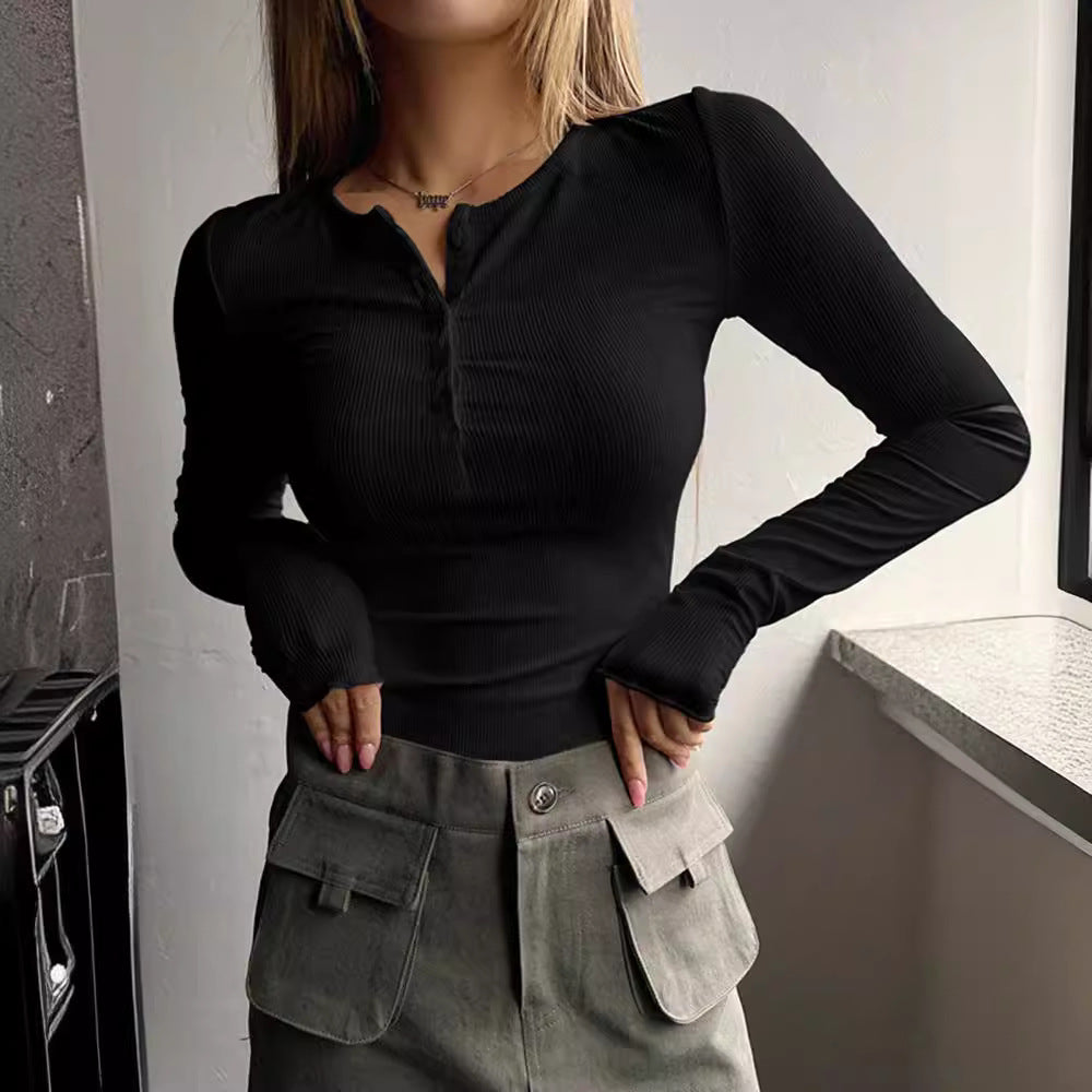 Damen schmeichelhaftes Langarm-Bodyshirt mit Knopfleiste Drune