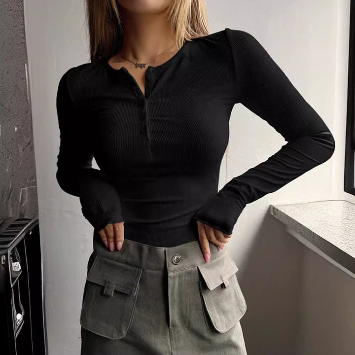 Damen schmeichelhaftes Langarm-Bodyshirt mit Knopfleiste Drune