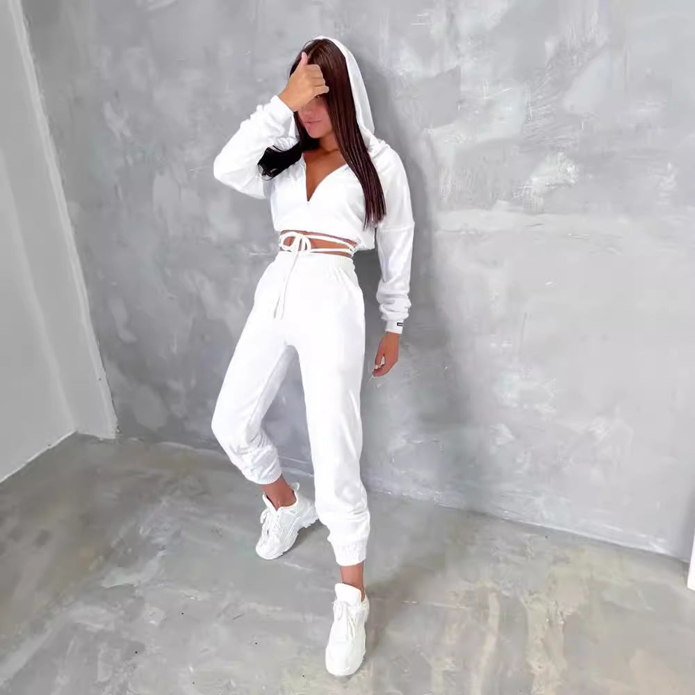 Damen sportlicher Cropped Fleece-Jogginganzug mit Reißverschluss und praktischen Taschen Drune