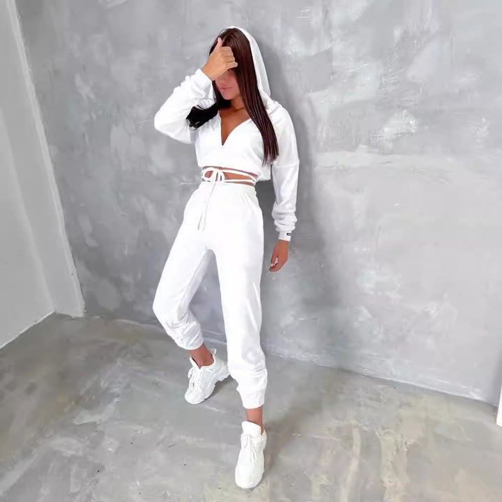 Damen sportlicher Cropped Fleece-Jogginganzug mit Reißverschluss und praktischen Taschen Drune