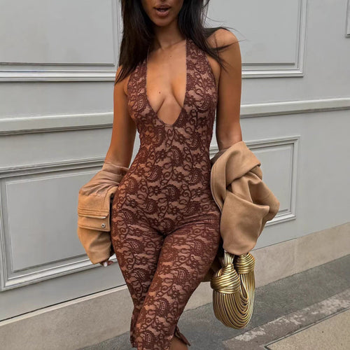 Damen Eleganter Spitzen-Jumpsuit mit tiefem V-Ausschnitt und figurbetonter Silhouette Drune