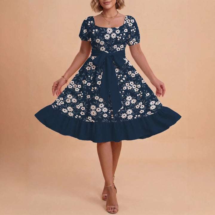 Damen Blumenkleid mit taillierbarem Gürtel und voluminösen Ärmeln Drune