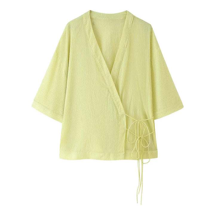 Damen lässige Wickelbluse mit dekorativem Bindeband Drune