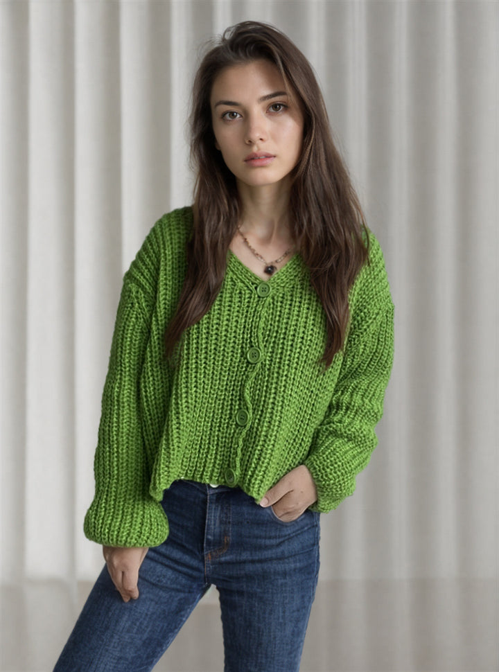 Damen cropped Strickjacke mit grober Maschenstruktur und großen Knöpfen Drune