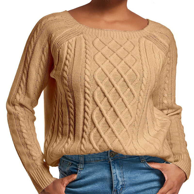 Damen Grobstrickpullover mit ansprechendem Zopfmuster und weitem Rundhalsausschnitt Drune