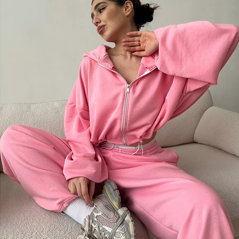 Damen nan cropped Reißverschluss-Hoodie mit Tunnelzugsaum und weitem Sweatpants-Schnitt Drune