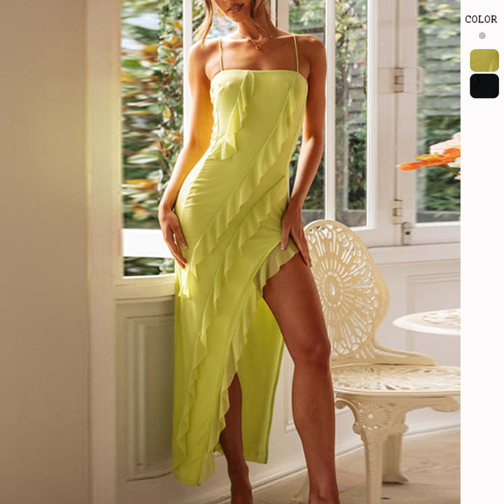Damen Maxi-Rock mit verspieltem Rüschendesign und hohem Schlitz Drune