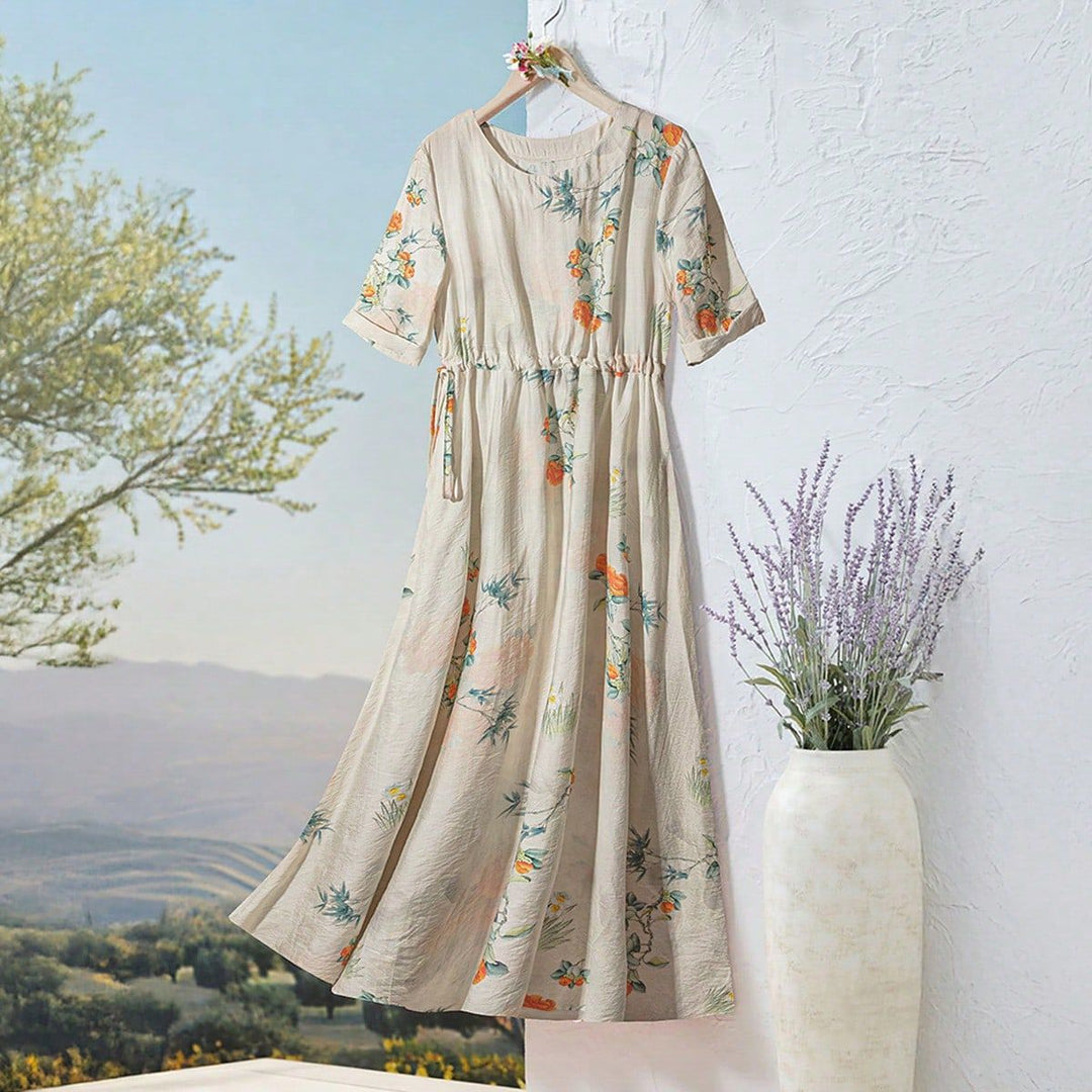 Damen Langarm Maxi-Kleid mit floralem Design und elastischem Bund Drune