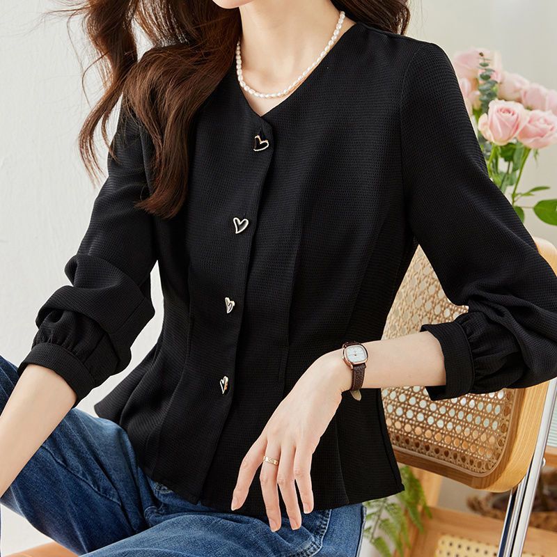 Damen elegante Bluse mit herzförmigen Knopfdetails und voluminösen Ärmeln Drune