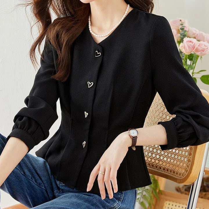 Damen elegante Bluse mit herzförmigen Knopfdetails und voluminösen Ärmeln Drune