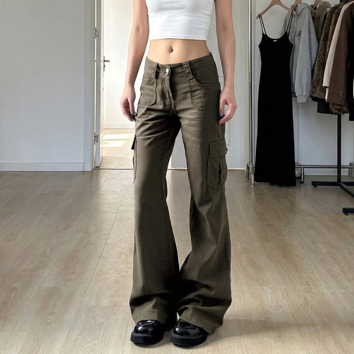 Damen nan Cargo-Flared-Hose mit hochgeschnittener Taille, aufgesetzten Beintaschen und ausgestelltem Bein Drune
