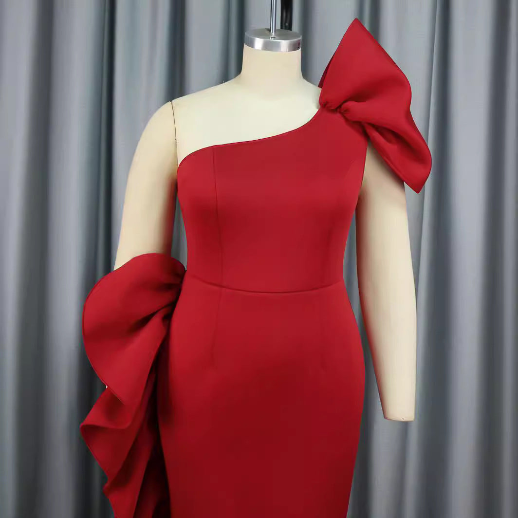 Damen figurbetontes Abendkleid mit asymmetrischem Design und voluminösem Schleifenakzent Drune