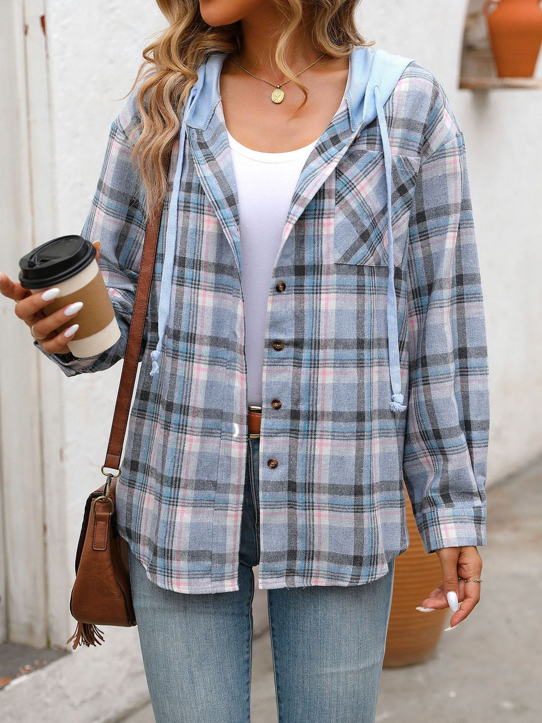 Damen lässige Flanelljacke mit Kapuze Drune