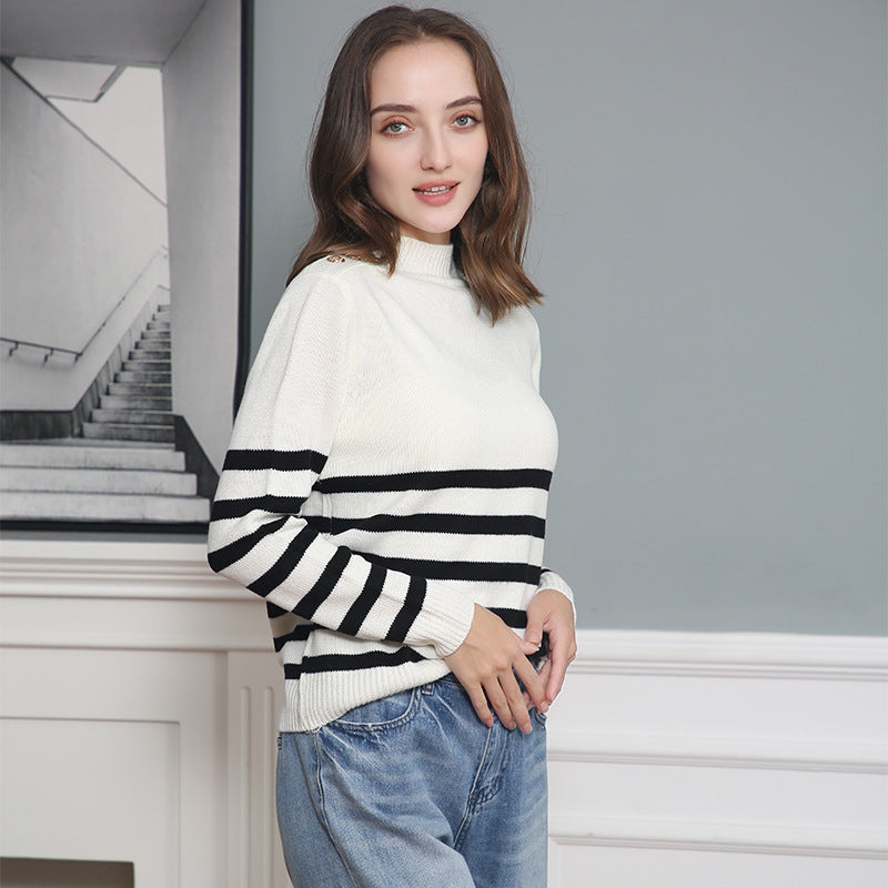 Damen modischer Strickpullover mit Streifenmuster und Knopfdetails Drune