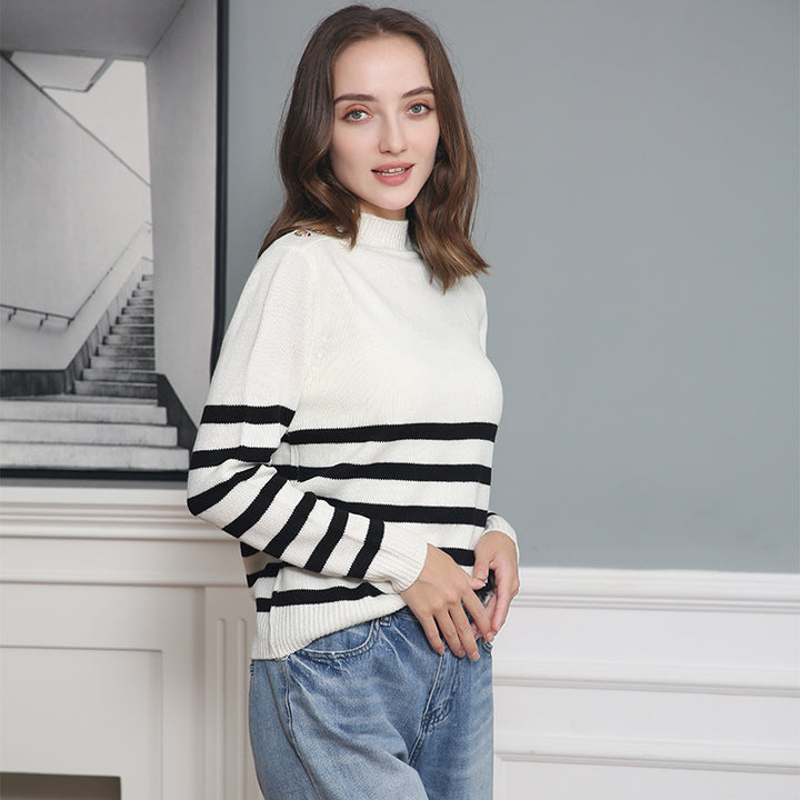 Damen modischer Strickpullover mit Streifenmuster und Knopfdetails Drune