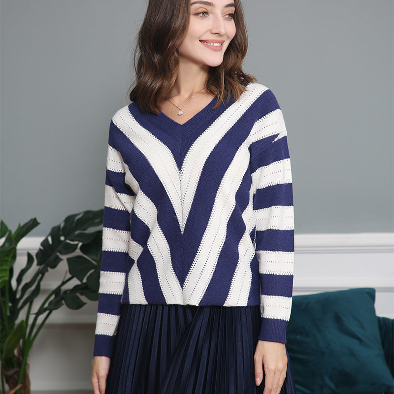Damen V-Ausschnitt Strickpullover mit raffiniertem Streifenmuster Drune