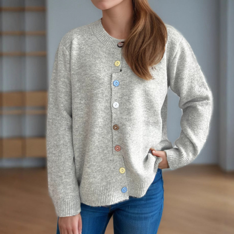 Damen kuschelige Strickjacke mit bunten Knopfdetails Drune