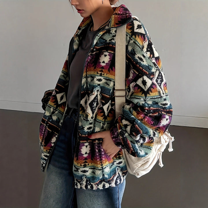 Damen Fleecejacke mit buntem Ethno-Muster und weichem Innenfutter Drune