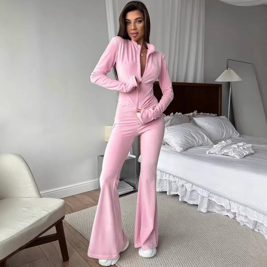 Damen lässiger Fleece-Jumpsuit mit hohem Kragen und weitem Bein Drune