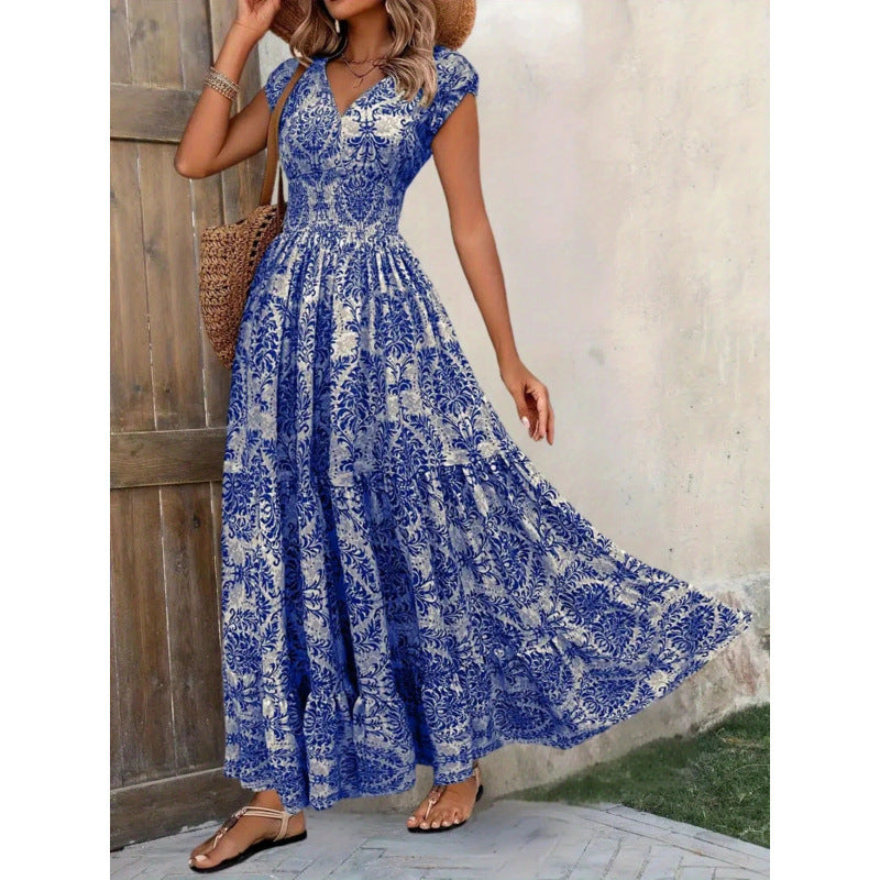 Damen Maxikleid mit nostalgischem Blumenmuster und voluminösem Rock Drune