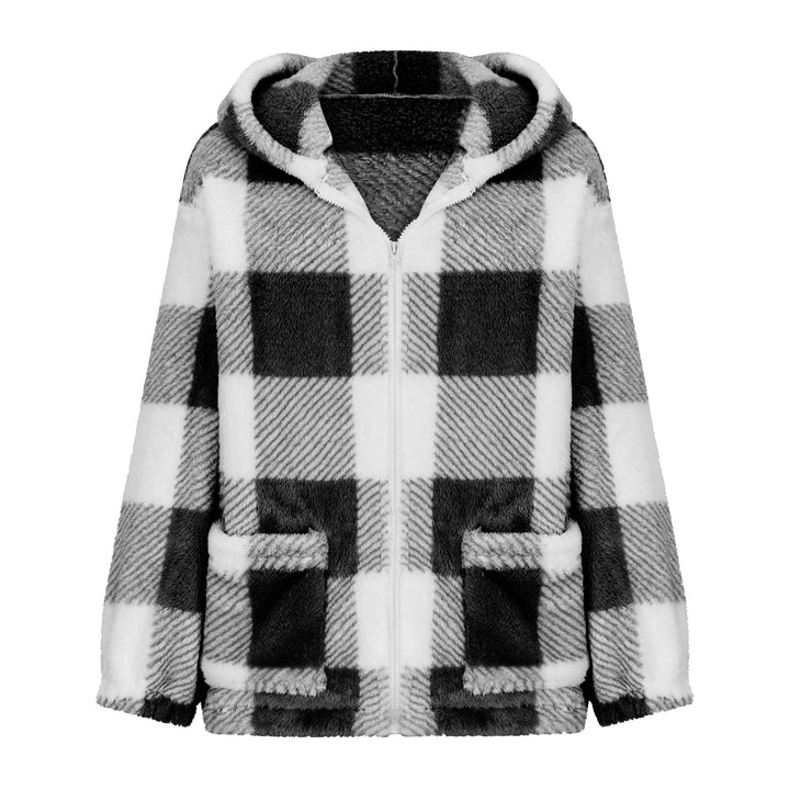 Damen nan dicke Karo-Teddyjacke mit Kapuze, Frontreißverschluss und aufgesetzten Taschen Drune