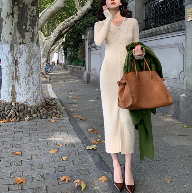 Damen Strickmaxikleid mit Knopfverschluss und modischem Kragen Drune