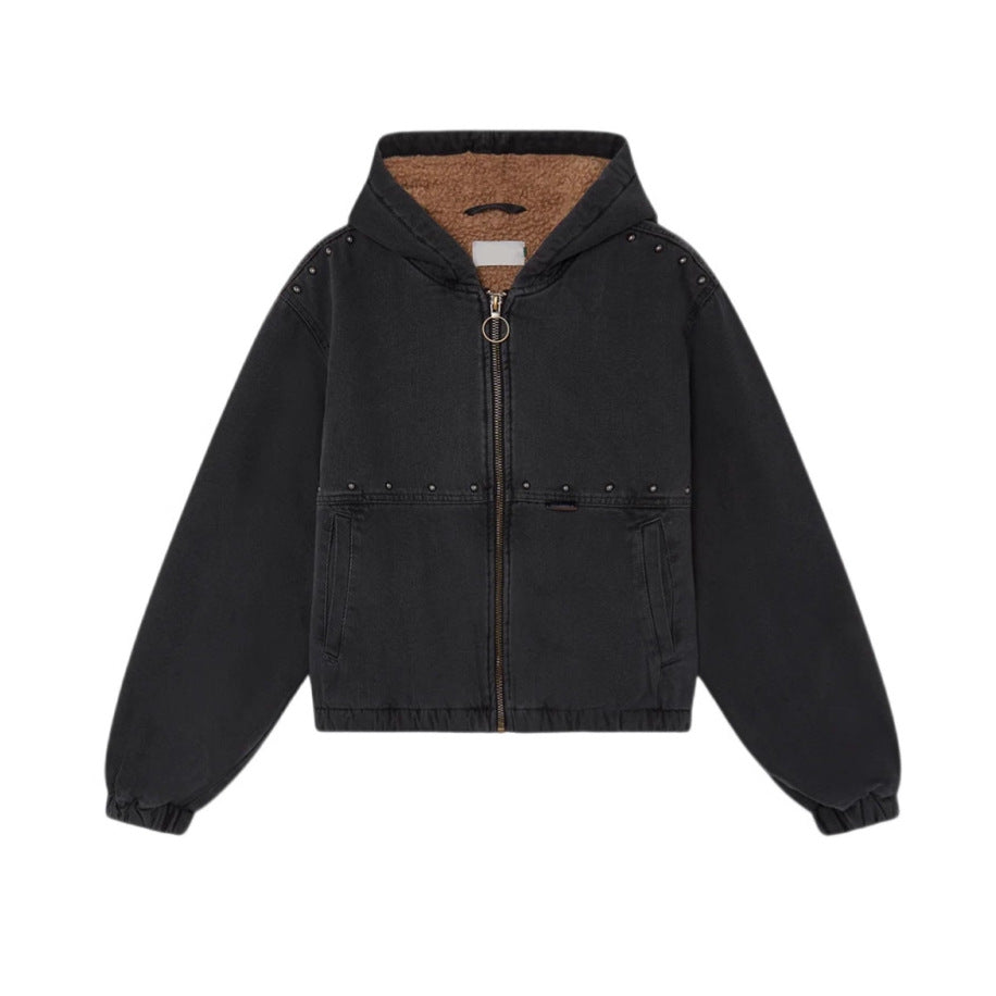 Damen Jeansjacke mit Kapuze und Taschen Drune