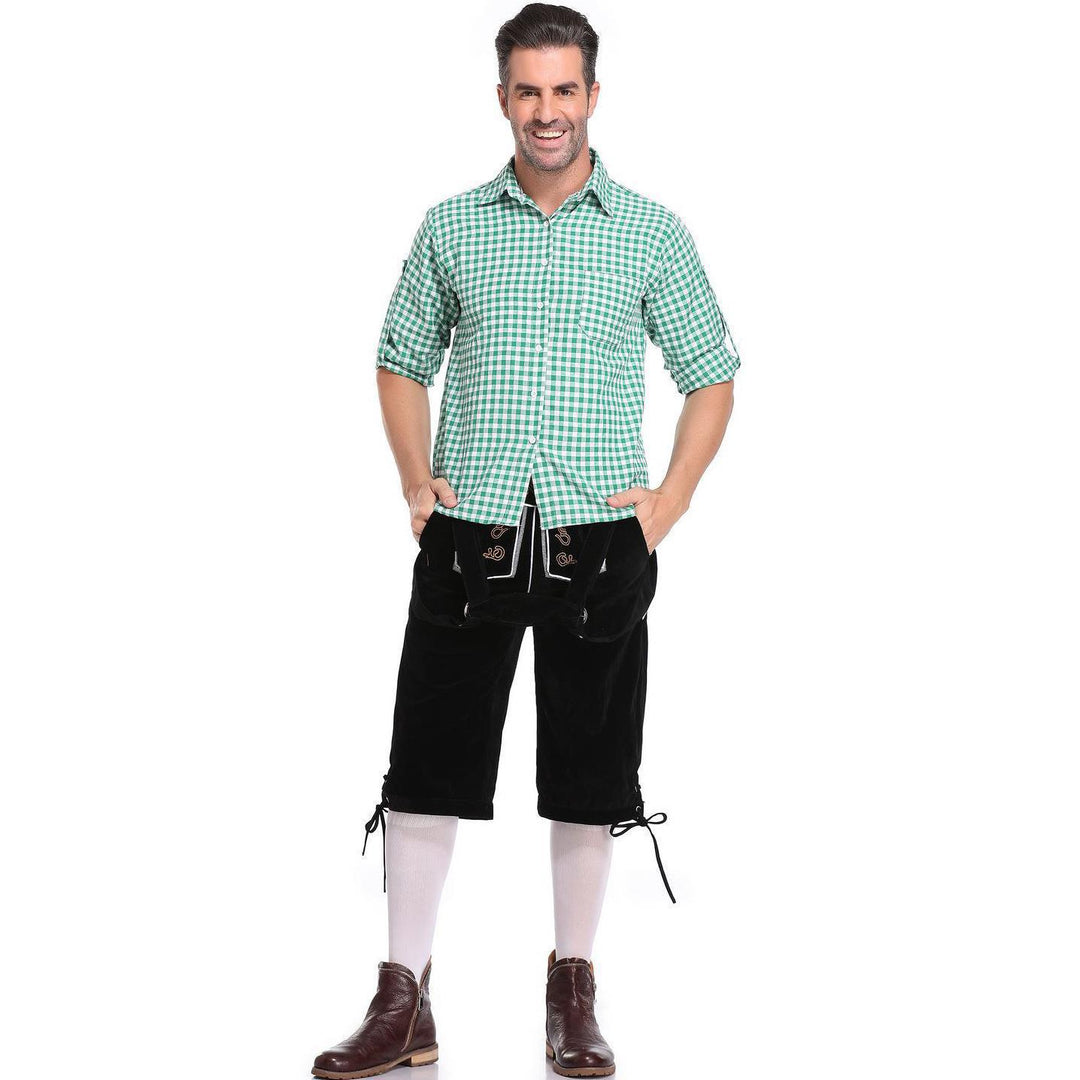 Damen nan kurze Trachten-Latzhose mit gesticktem Hirschmotiv, verstellbaren Trägern und Spitzenbordüre Drune