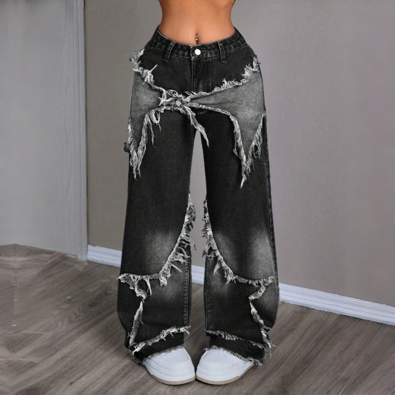 Damen Weite Jeans im modernen Destroyed-Look mit fransigen Details Drune