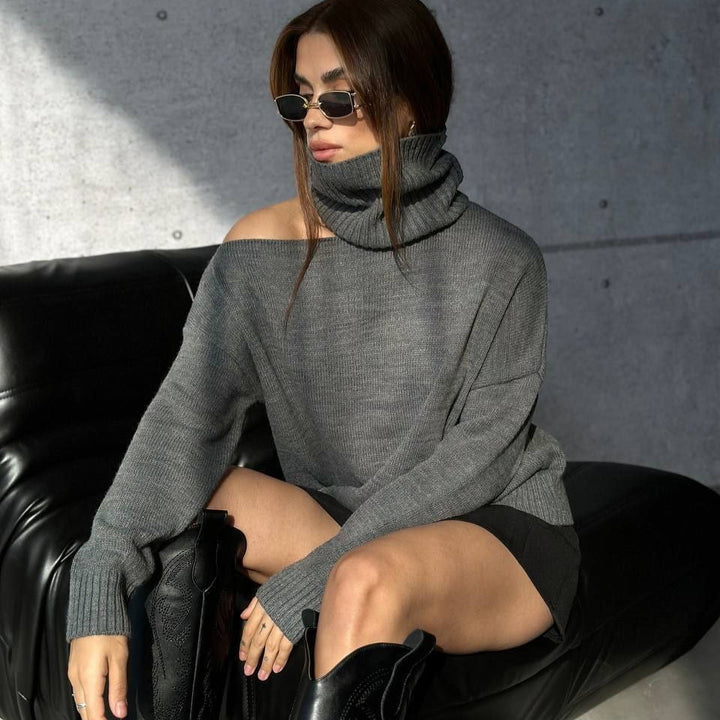 Damen modischer Rollkragenpullover mit schulterfreiem Design und eleganten Rippdetails Drune